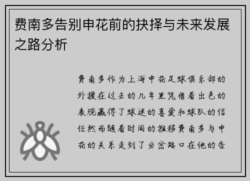 费南多告别申花前的抉择与未来发展之路分析 费南多告别申花前的抉择与未来发展之路分析