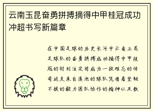 云南玉昆奋勇拼搏摘得中甲桂冠成功冲超书写新篇章 云南玉昆奋勇拼搏摘得中甲桂冠成功冲超书写新篇章
